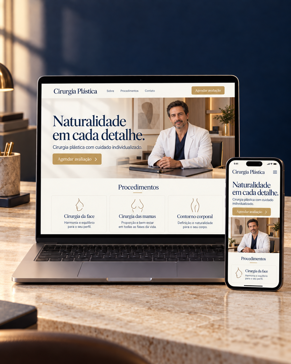 Site de cirurgia plástica exibido em notebook e celular, com design elegante