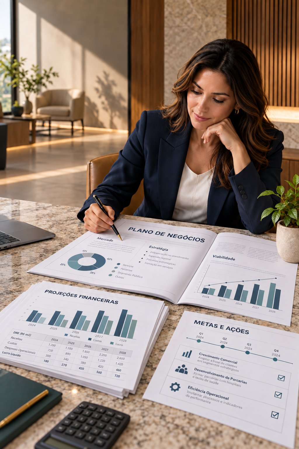 Profissional analisando um plano de negócios com projeções financeiras e metas